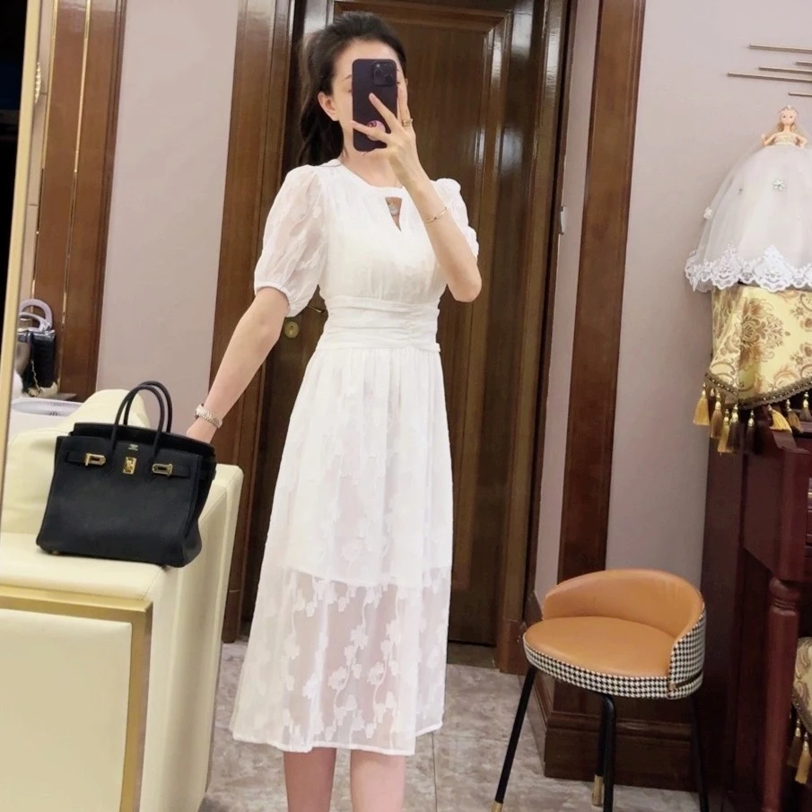 7228(浮光舞曲)夏日新款白色圆领连衣裙女A2