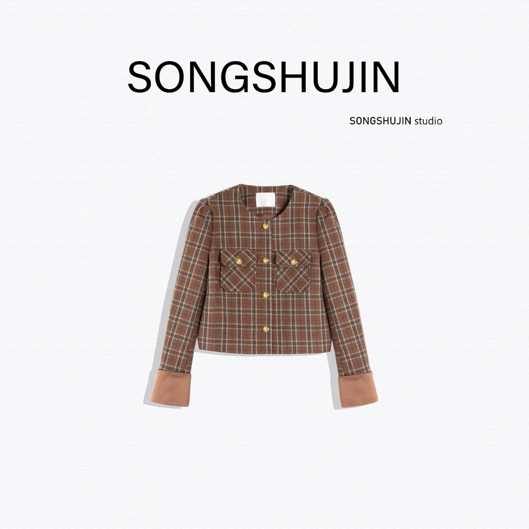 61668(冬日暖阳)秋冬新款小香风长袖格子外套女A2