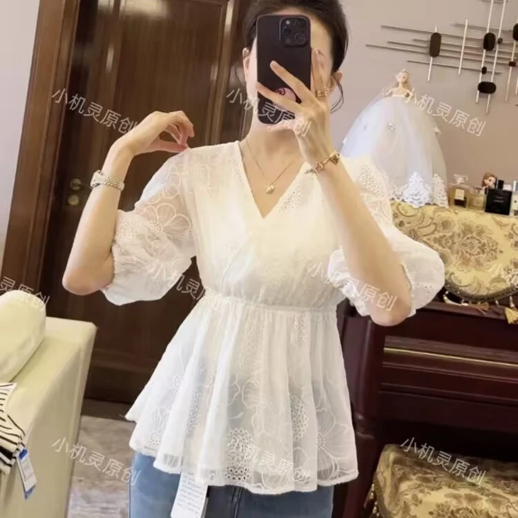 2466(告白气球)短袖V领雪纺衫女A2