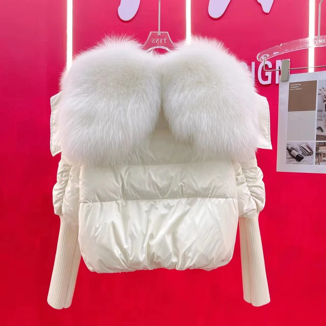 TYNS【F924828】天使之翼大狐狸毛领针织袖轻奢加厚秋冬鹅绒短外套