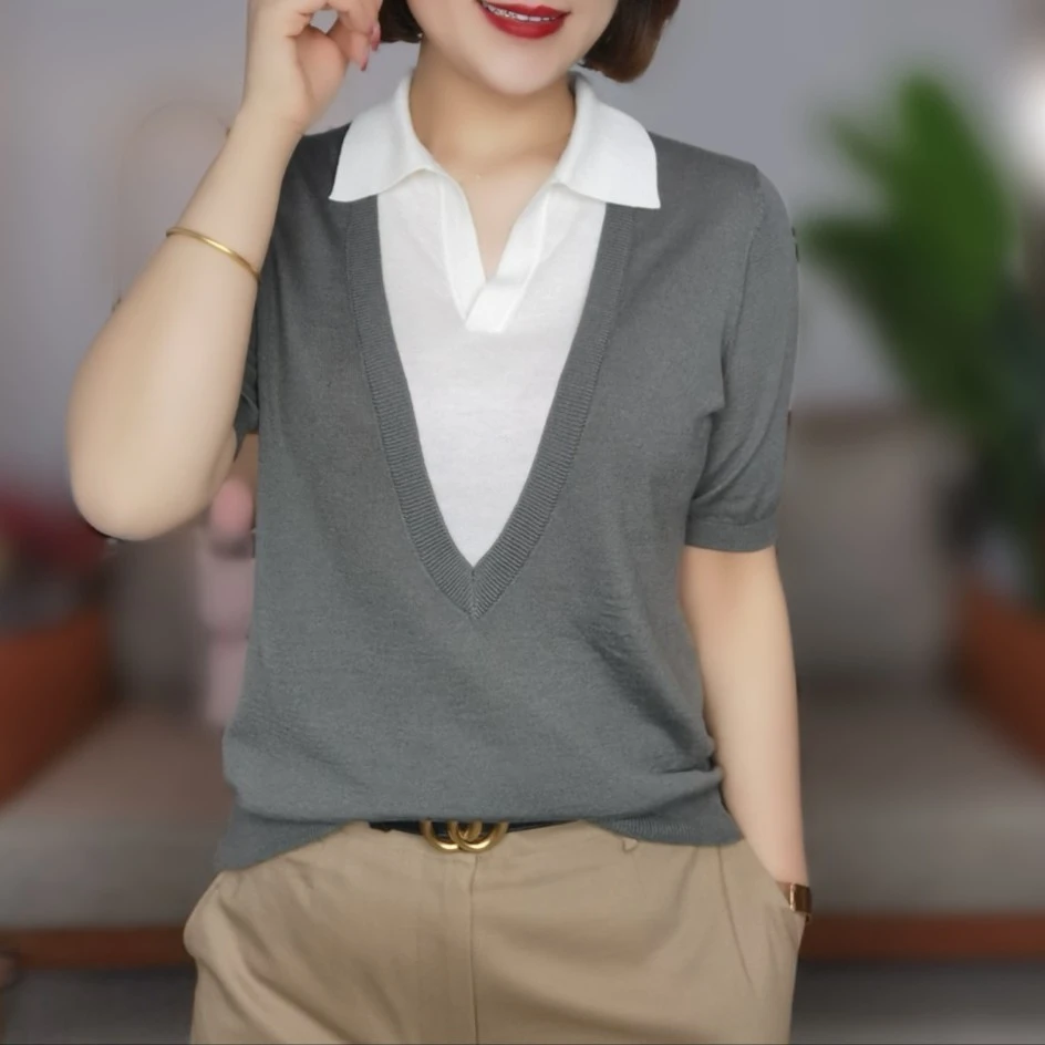 伴月伊人极简风假两件短袖衬衫
