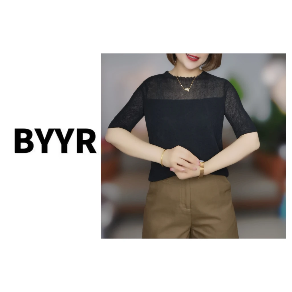 伴月伊人半高领轻奢镂空打底衫气质蕾丝套头夏季