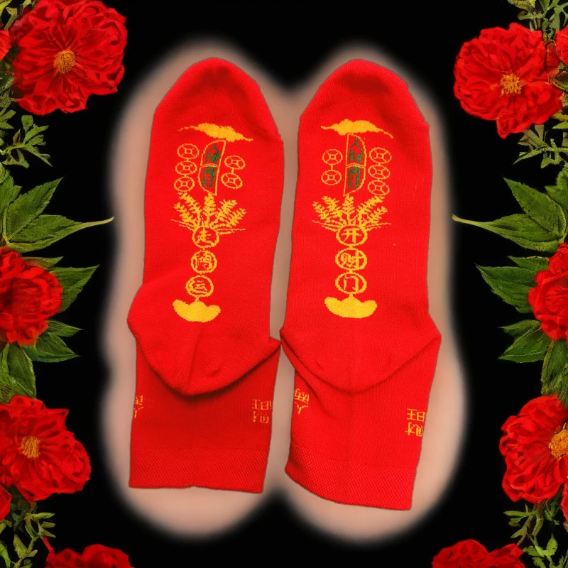 五帝铜钱红袜子男女棉袜走鸿运本命年抗菌防臭袜喜庆红色透气保暖