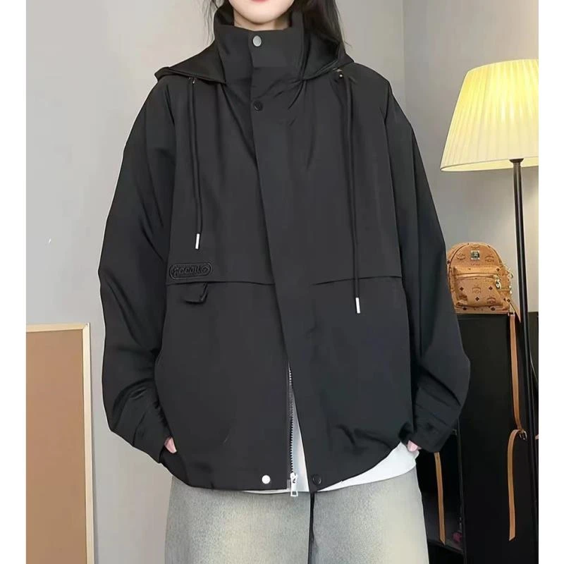 早秋新款时尚简约宽松显瘦洋气减龄休闲百搭抽绳连帽冲锋衣外套-B
