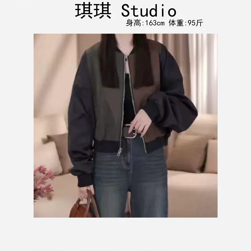 秋季新款时尚潮流气质简约设计感拼色袖宽松百搭棒球外套603-G