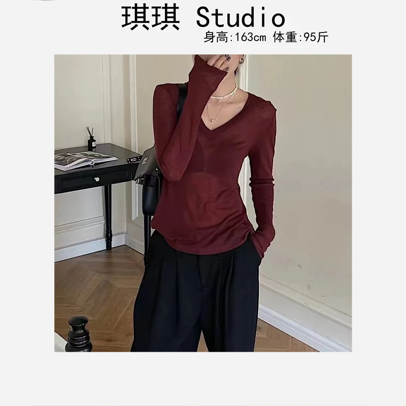 秋季新款时尚基础款纯色V领宽松显瘦潮流气质长袖打底T恤6106-G