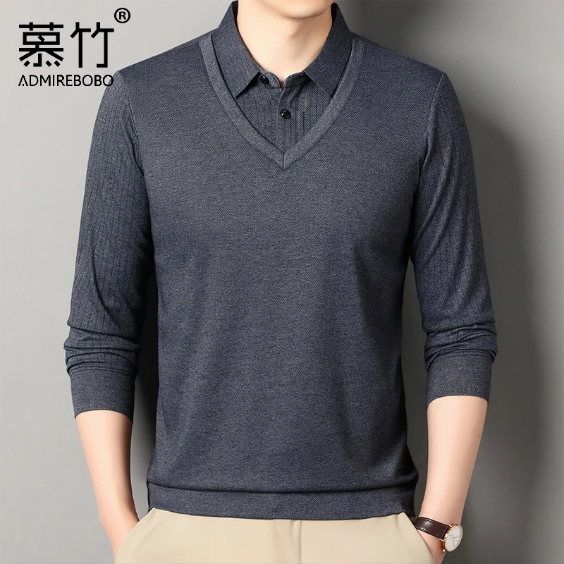 秋季薄款假两件男士长袖T恤中老年男装爸爸装休闲翻领外穿爷爷装