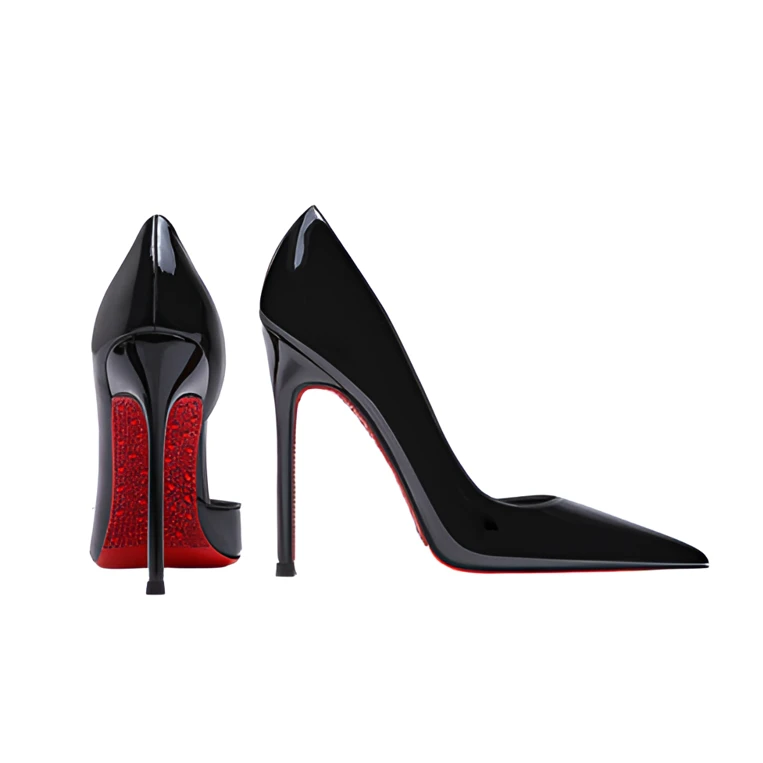 茸妮高跟鞋女细跟尖头侧空红底底钻黑色浅口单鞋女细高跟时尚性感