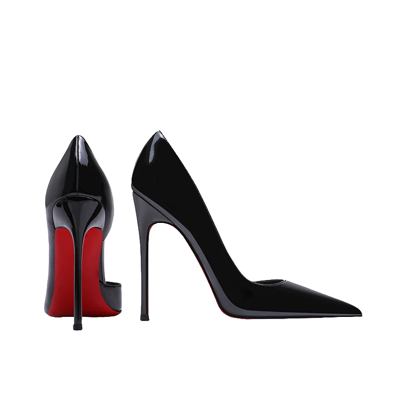 茸妮黑色红底高跟鞋女细跟尖头侧空时尚漆皮女士职业单鞋气质百搭