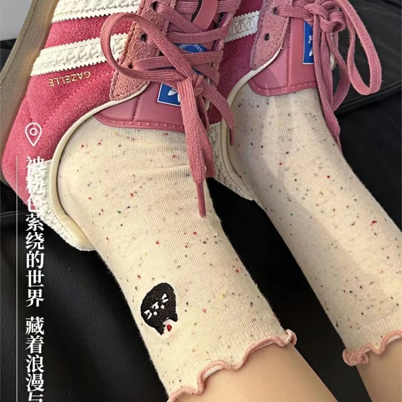 袜子女春夏款ins潮中筒袜个性木耳边点子纱百搭长袜夏天堆堆袜