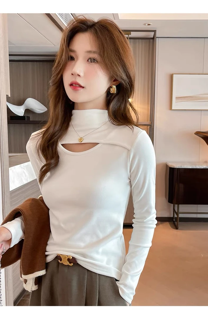 德绒半高领打底衫内搭2024年新款春秋镂空修身保暖秋冬长袖上衣女