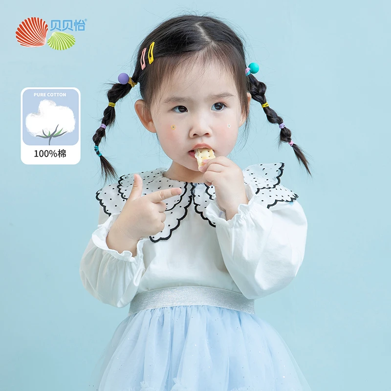 Bornbay/贝贝怡女童上衣儿童打底衫双层网纱娃娃领长袖t恤春装潮