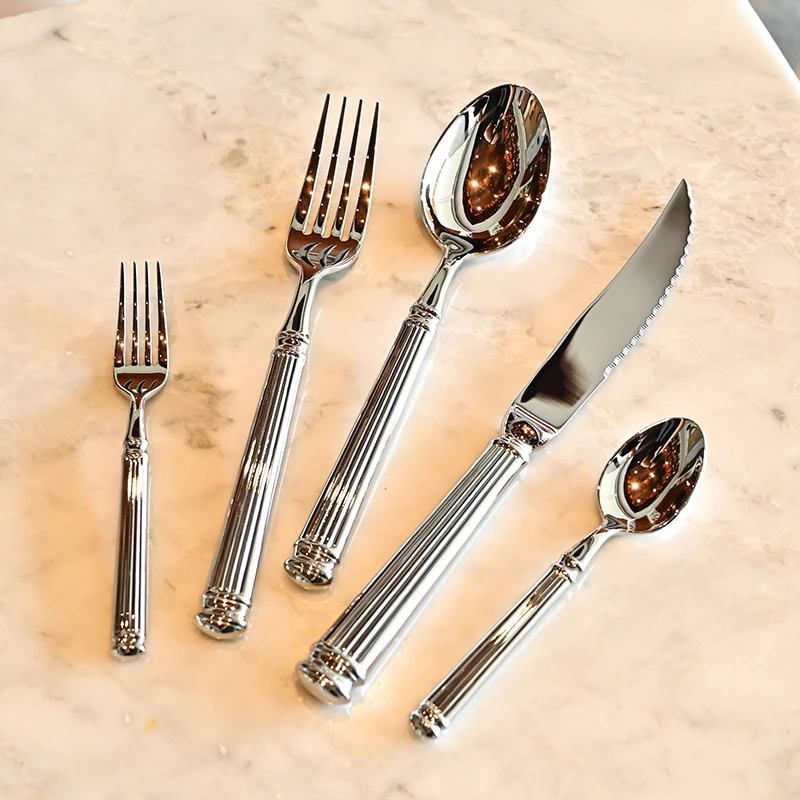 高级感304不锈钢加厚长柄实心罗马柱西餐餐具刀叉勺牛排刀甜品勺