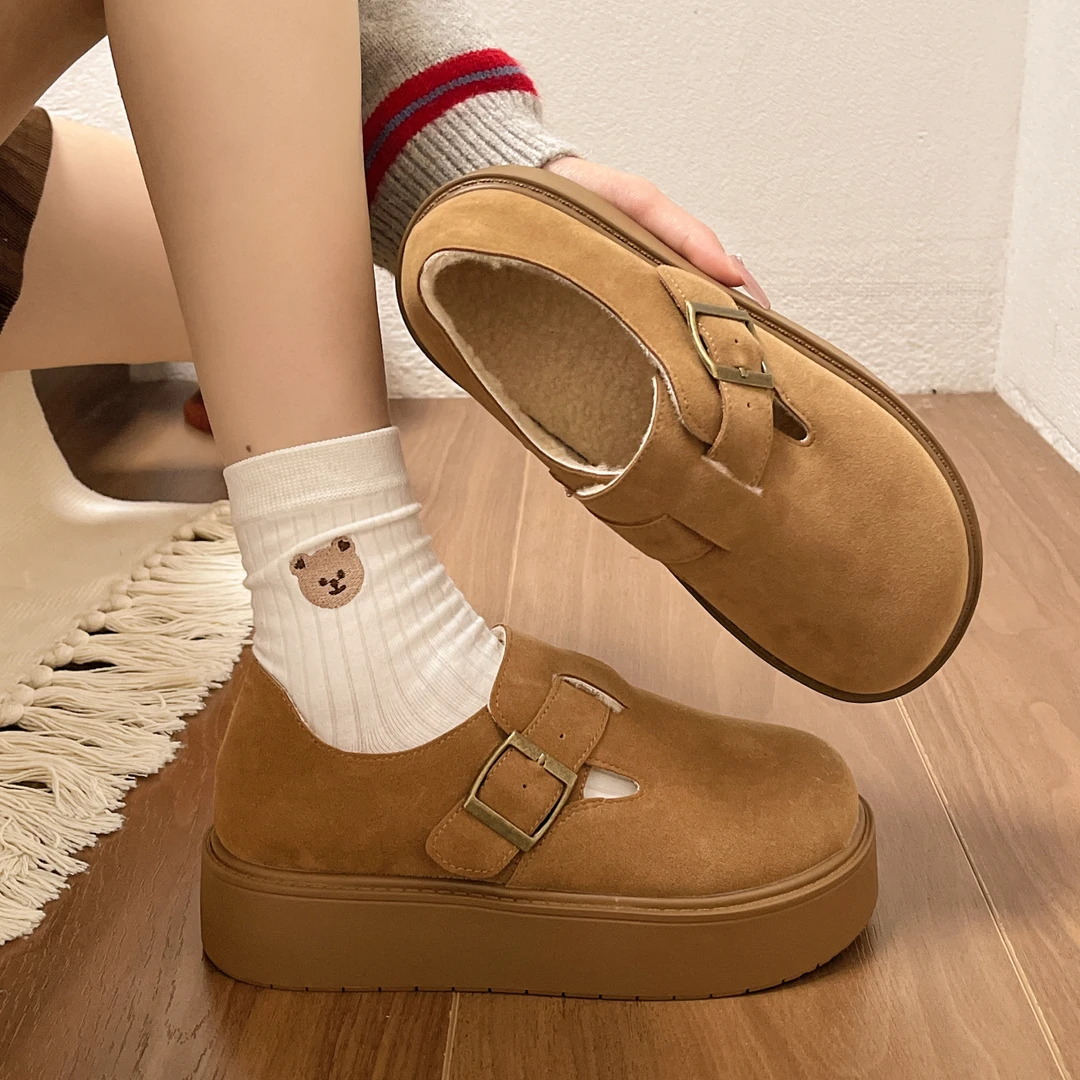 百搭勃肯鞋松糕厚底加绒棉鞋女2024新款冬一脚蹬复古乐福鞋博肯鞋