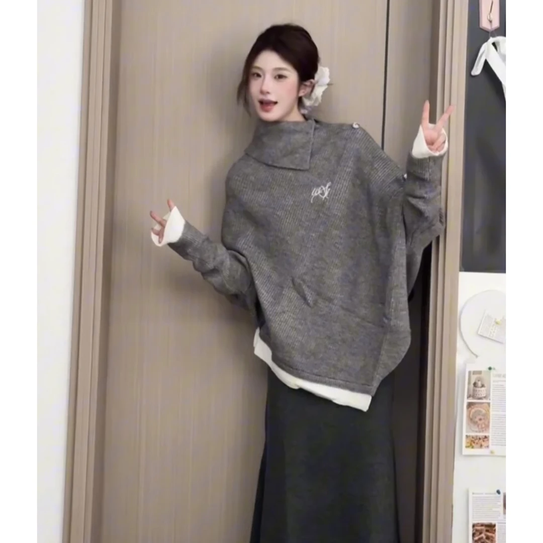 慵懒风灰色高领蝙蝠袖斗篷毛衣外套女秋冬不规则高级感针织衫上衣