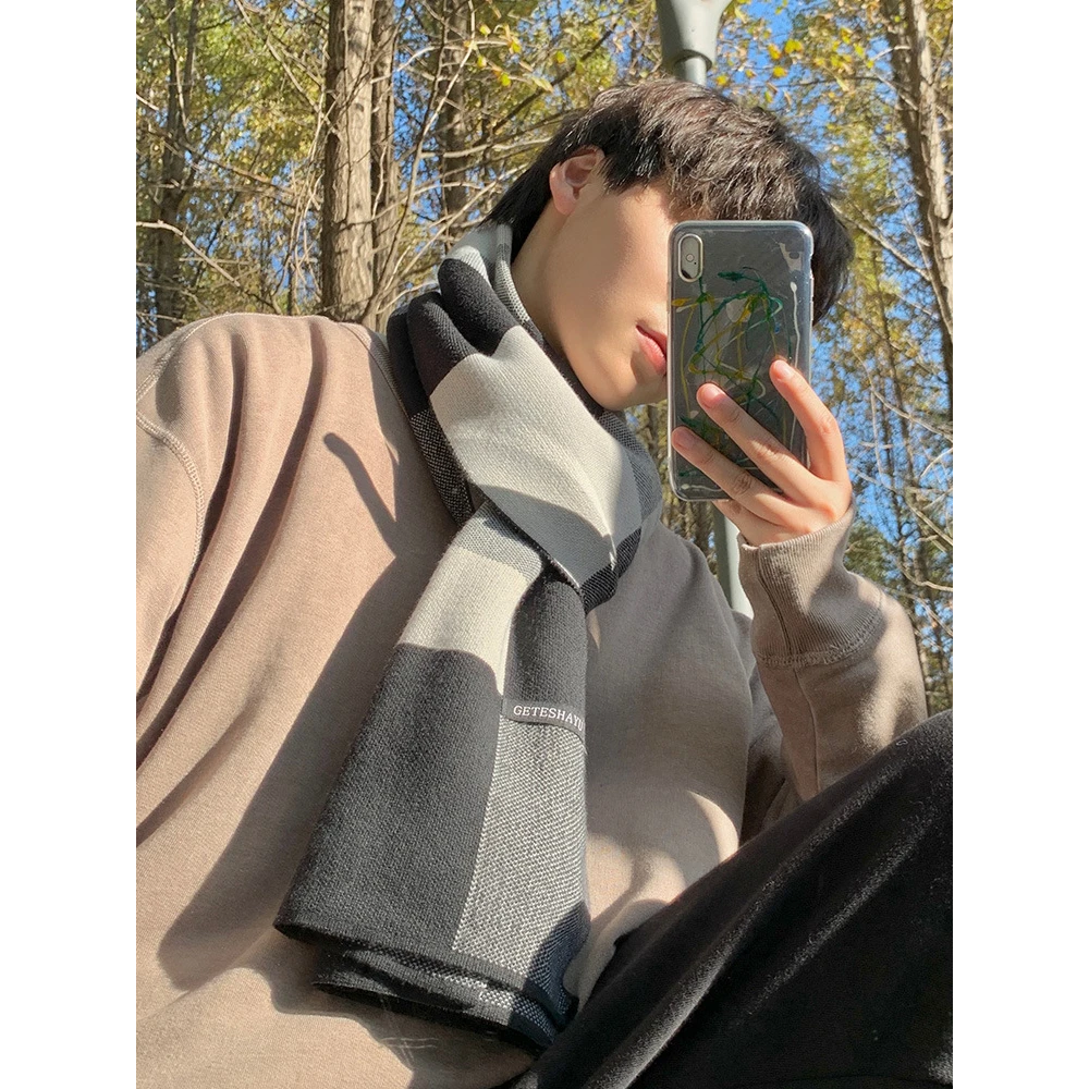 ins男冬季男士冬款男款男生加厚格子生日礼物送男朋友针织围脖冬