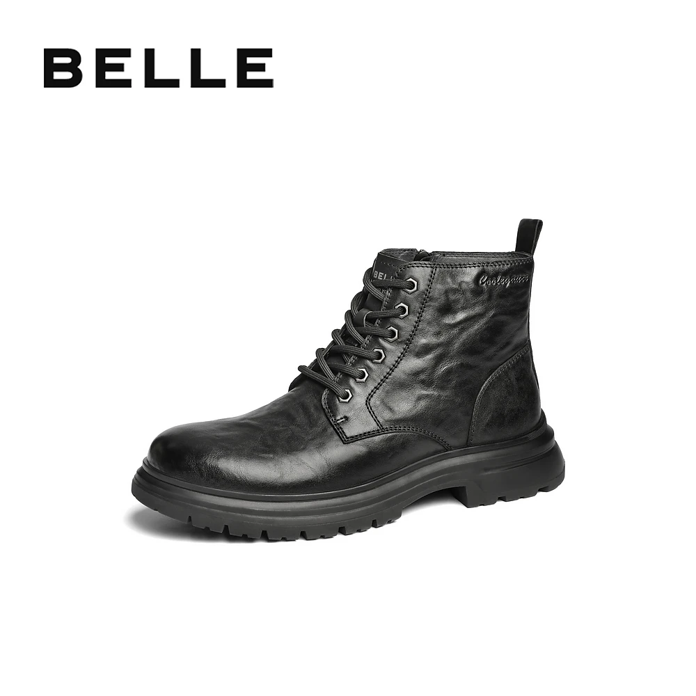 百丽复古潮流休闲靴男冬季新品牛皮革厚底增高马丁靴加绒A1794DD4