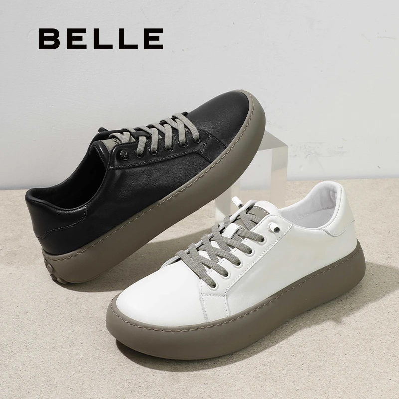 【休闲都市】百丽潮搭2024新牛皮厚底舒适免系带运动板鞋A1398AM4