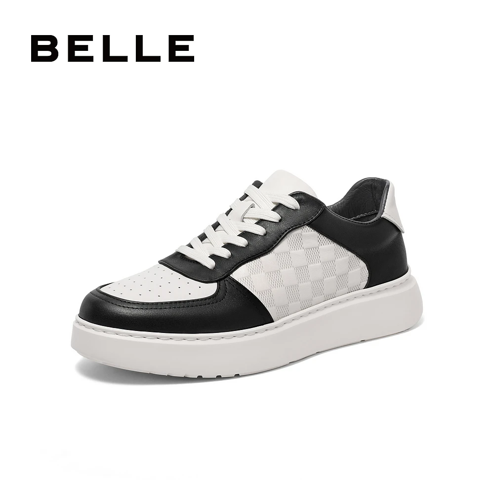 百丽撞色休闲鞋男舒适秋新商场同款牛皮格纹低帮板鞋8DK01CM3