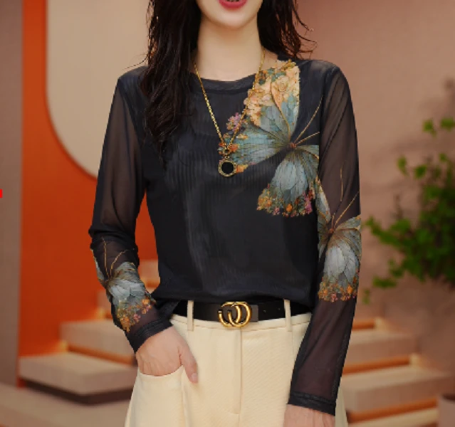 9131#新款网纱印花打底衫女时尚百搭洋气显瘦气质轻奢小衫