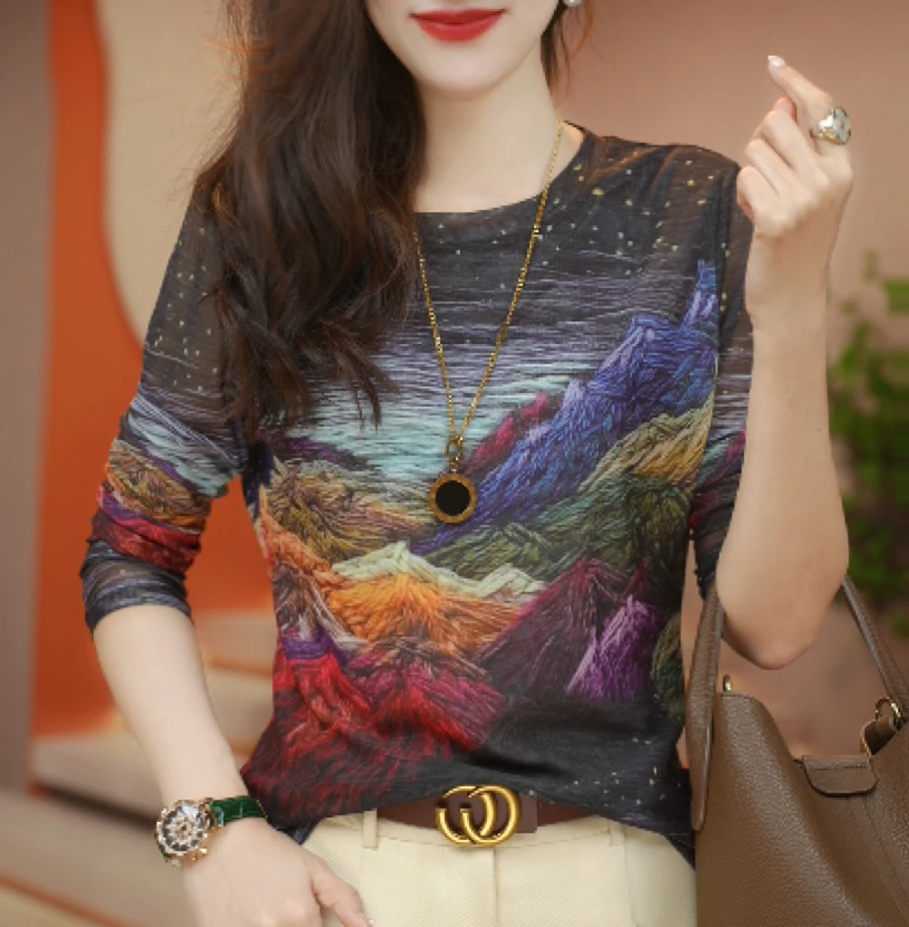 秋季新款肌肤网纱弹力上衣小衫气质双层百搭洋气显瘦打底衫