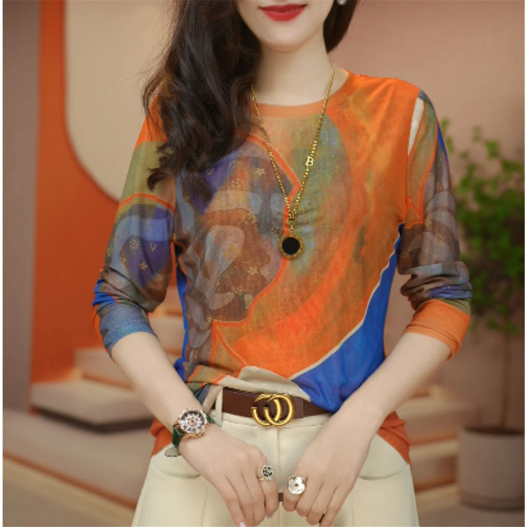 9026#钻早春高级感肌肤双层网纱打底衫显瘦百搭长袖洋气网纱上衣