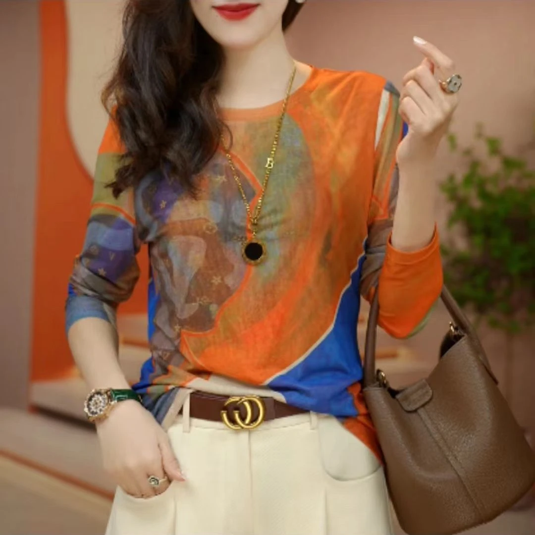 3️⃣网纱T恤女装早秋新款设计感洋气减龄长袖修身超显身材的上衣