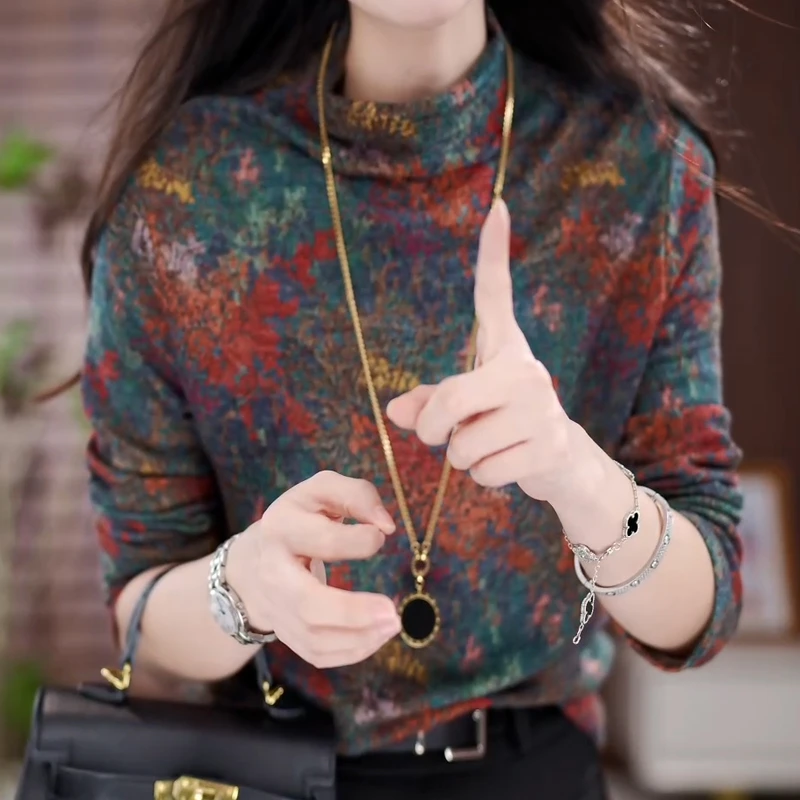 9305#2024新款保暖套头洋气显瘦小衫长袖网红时尚复古半高领秋冬