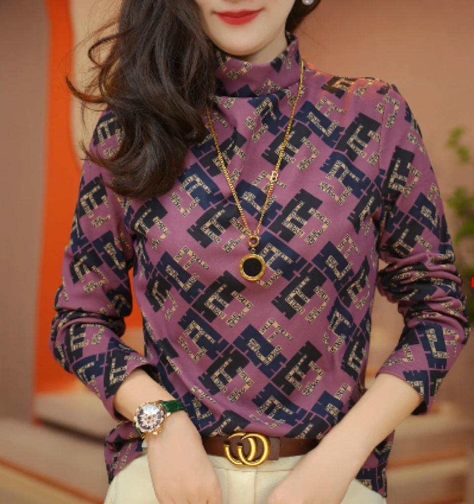 超漂亮百搭保暖气质修身显瘦印花套头长袖打底衫女上衣RGMY9109#