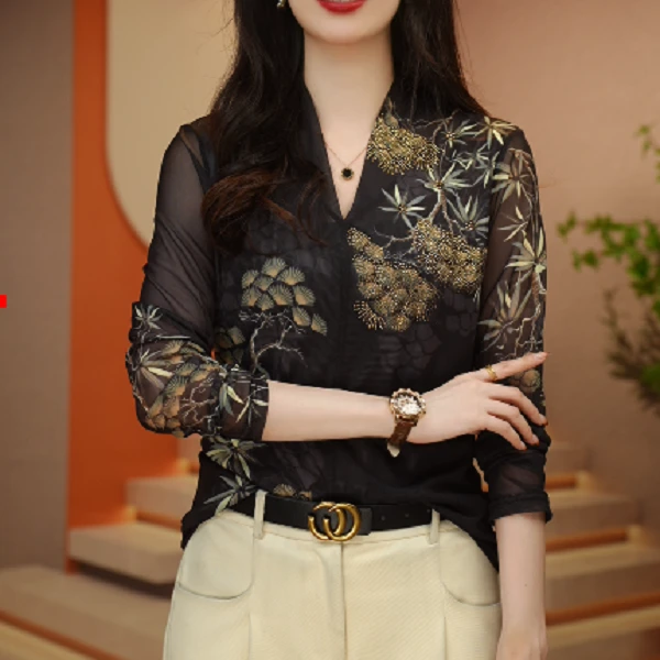 钻9146#2025新款爆款高贵洋气上档次潮流气质网纱打底衫上衣