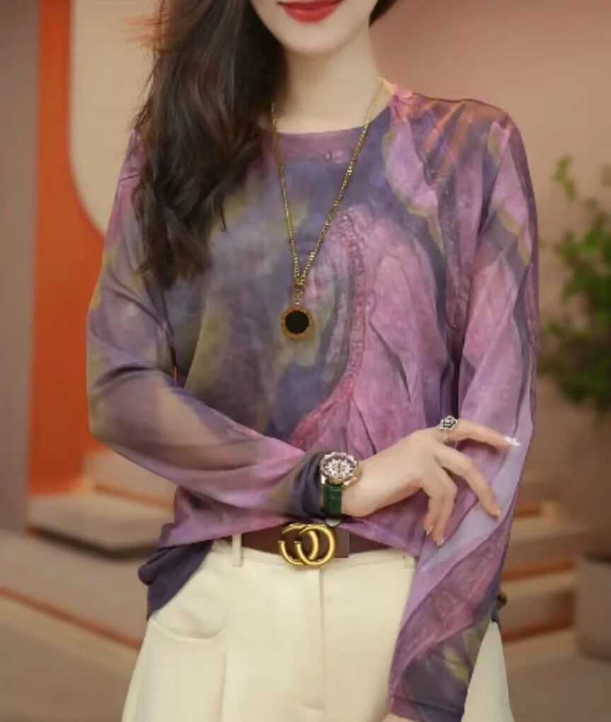 新款肌肤印花网纱上衣小衫女透气双层百搭洋气显瘦气质打底衫女士