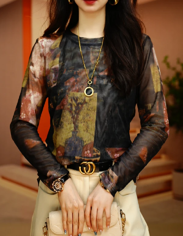 一9288#时尚长袖打底衫2024新款高贵洋气减龄气质T恤女