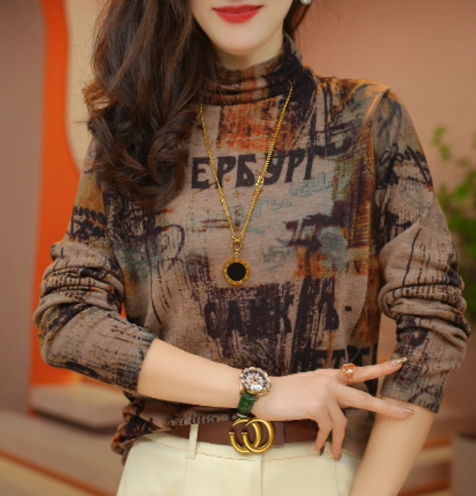 二秋冬半高领复古长袖针织时尚百搭女士上衣洋气显瘦小衫RGMY9112