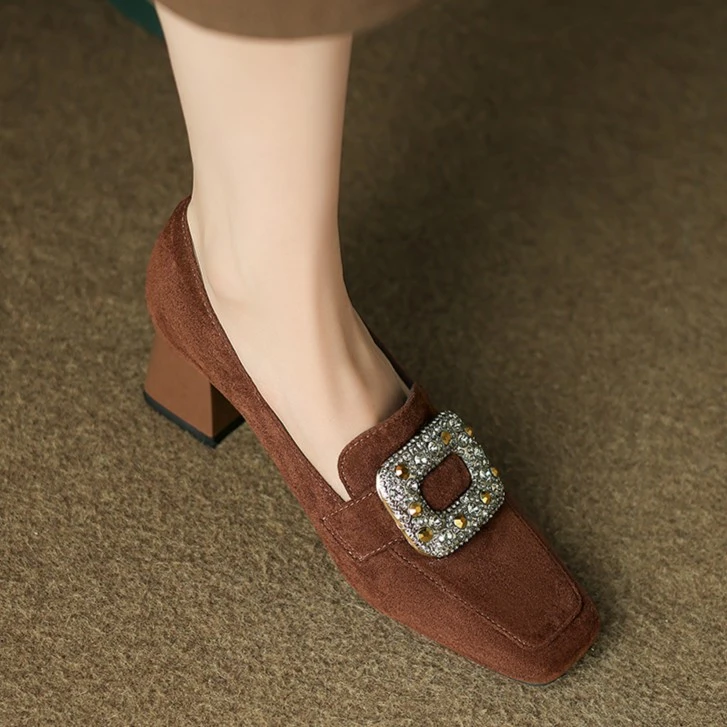 5CM粗跟深口单鞋女2025年春季新款方头水钻及裸靴美拉德穿搭复古