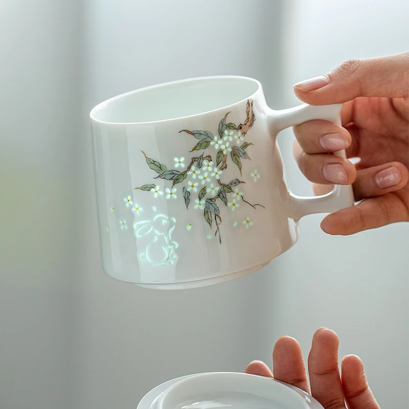 玲珑瓷马克杯景德镇陶瓷咖啡杯子兔年男女礼物创意情侣水杯泡茶杯