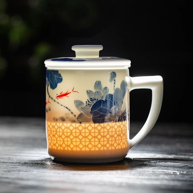 景德镇陶瓷泡茶杯茶水分离办公杯大容量高档礼品杯子带盖过滤水杯
