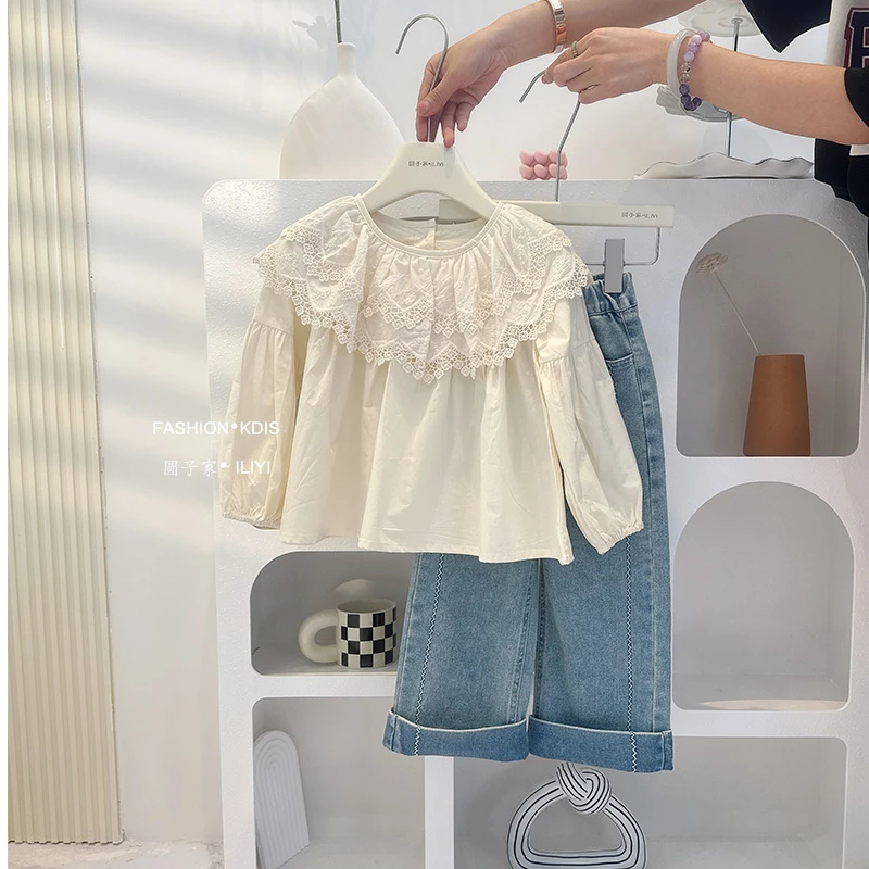 现货圆子家 儿童洋气女童装女宝宝童装森系衬衣牛仔裤春秋装套装