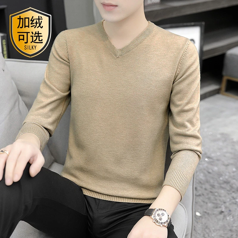 新款针织衫男款秋冬季加绒加厚鸡心领长袖男士v领毛衣卡其色保暖