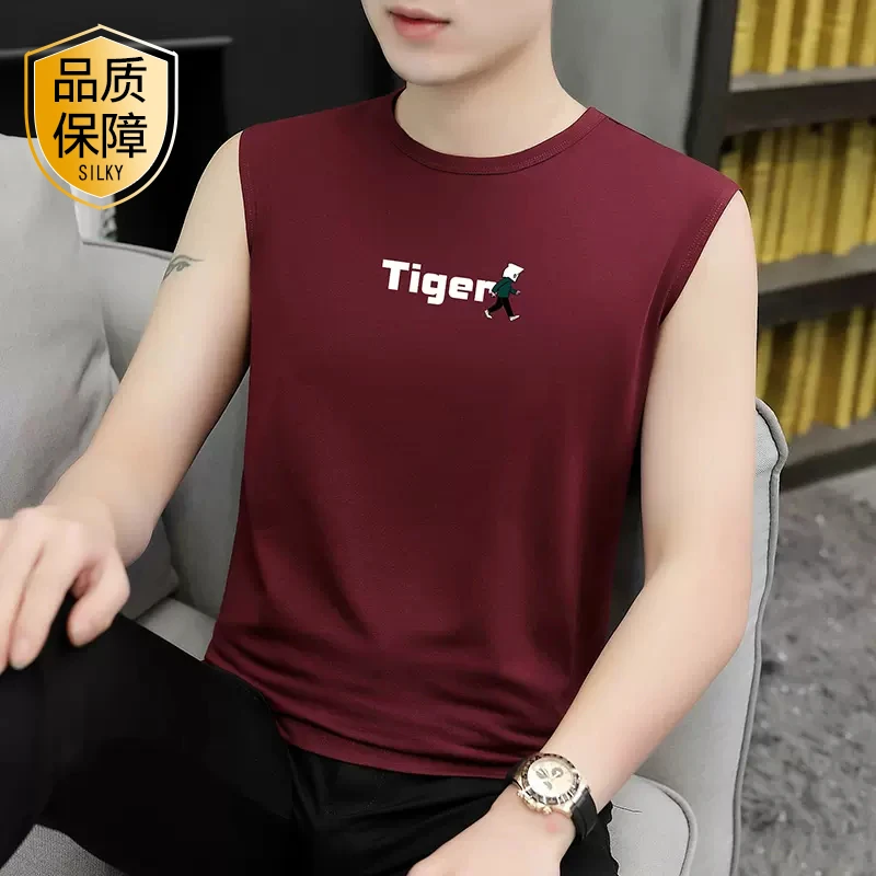 冰丝无袖t恤男款背心红色外穿夏季宽肩背心男宽松大码坎肩运动潮