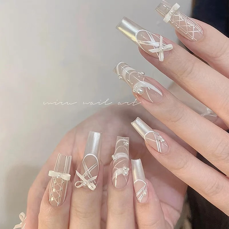 白天鹅|风靡ins美甲系列洁白芭蕾蝴蝶结手工穿戴甲飘逸仙女美甲