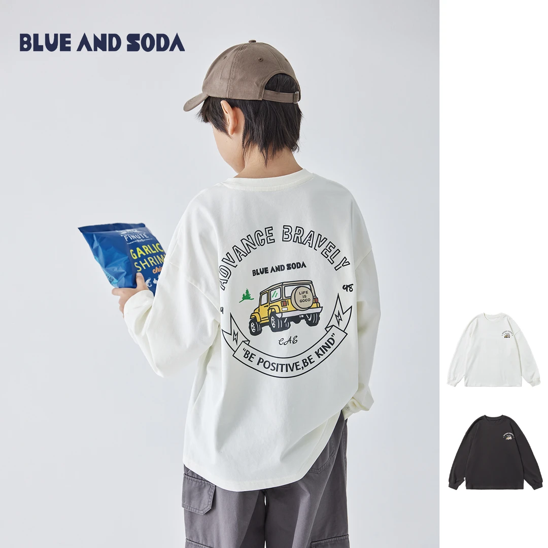 蓝汽水2025春季男童趣味印花长袖T恤中大童纯色全棉宽松亲子上衣