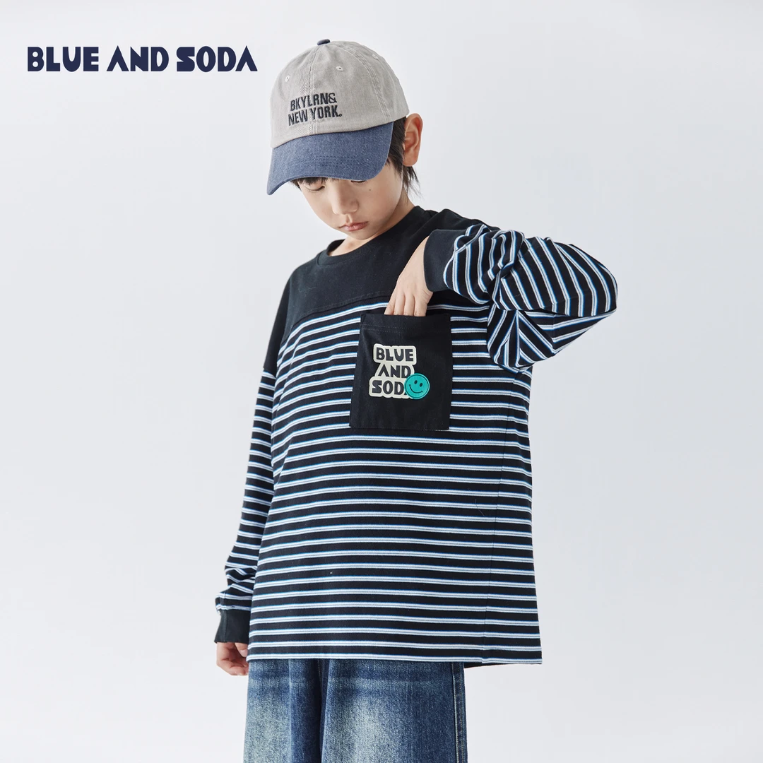 蓝汽水2025春季拼色条纹长袖T恤男童趣味口袋中大童全棉亲子上衣