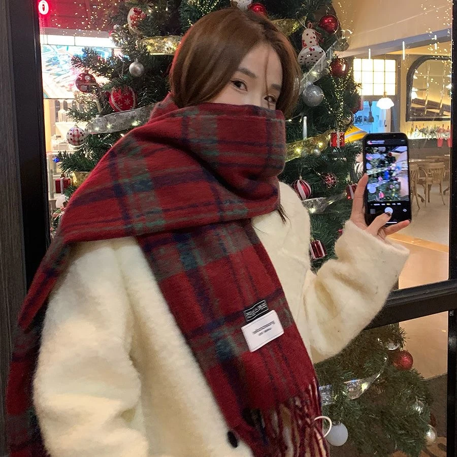 2024秋冬新款围巾韩系圣诞红复古格子围巾休闲百搭学生情侣保暖
