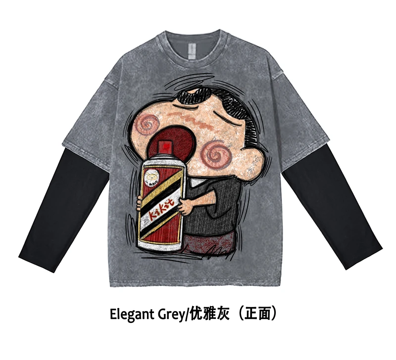 【长袖- 茅台小新3】}KiKiTee oversize洗水做旧宽松纯棉手绘卫衣