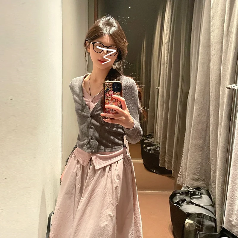 早春慵懒风粉色针织开衫外搭女2025新款毛衣外套长裙韩系套装