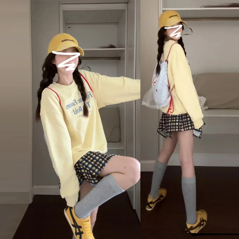 黄色美式圆领oversize卫衣女甜美宽松上衣半身裙特价