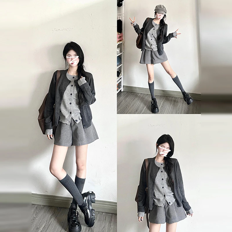 灰色假两件毛衣短裤套装女早秋季2024年新款小个子韩系穿搭一整套