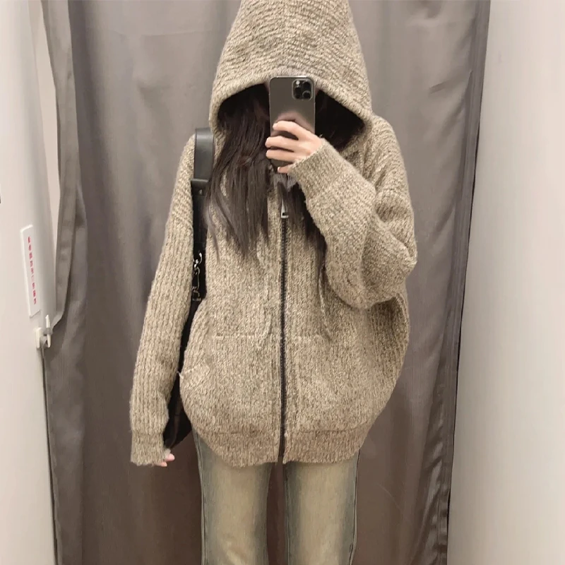 2024新款爆款宽松设计感慵懒风加厚拉链连帽毛衣开衫外套秋冬季