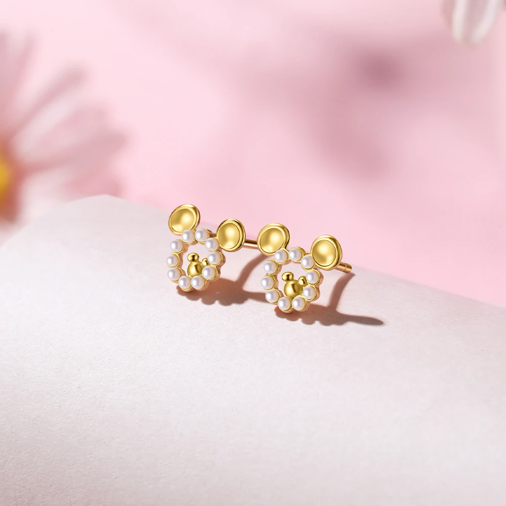 925银合成锆石耳饰 迪士尼珍珠米奇耳钉卡通925银气质女轻奢小众