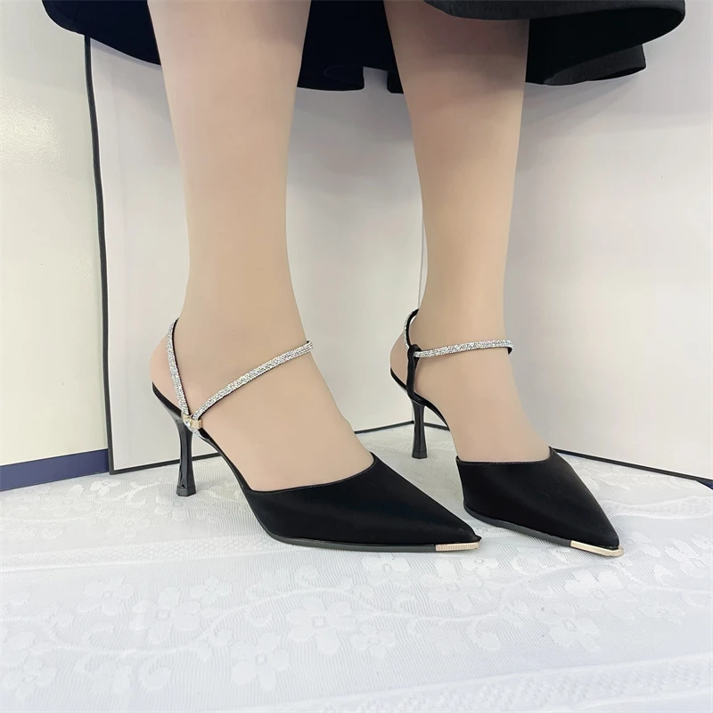 2024年新款春夏季高跟女鞋后空一字带防踢气质网红性感细跟小格子